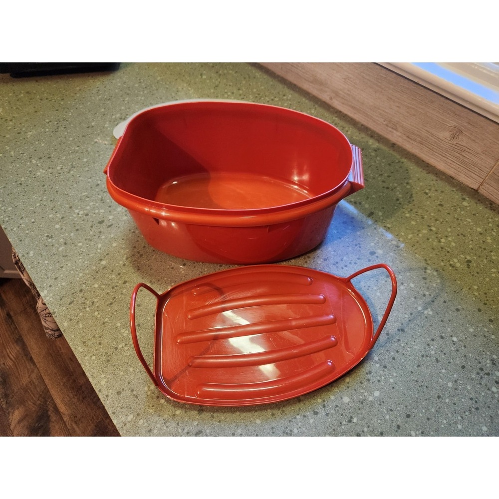 VTG 70s Tupperware Flavor Saver Roast Keeper Orange w/ Lid & Lift Tray - Picture 4 of 5